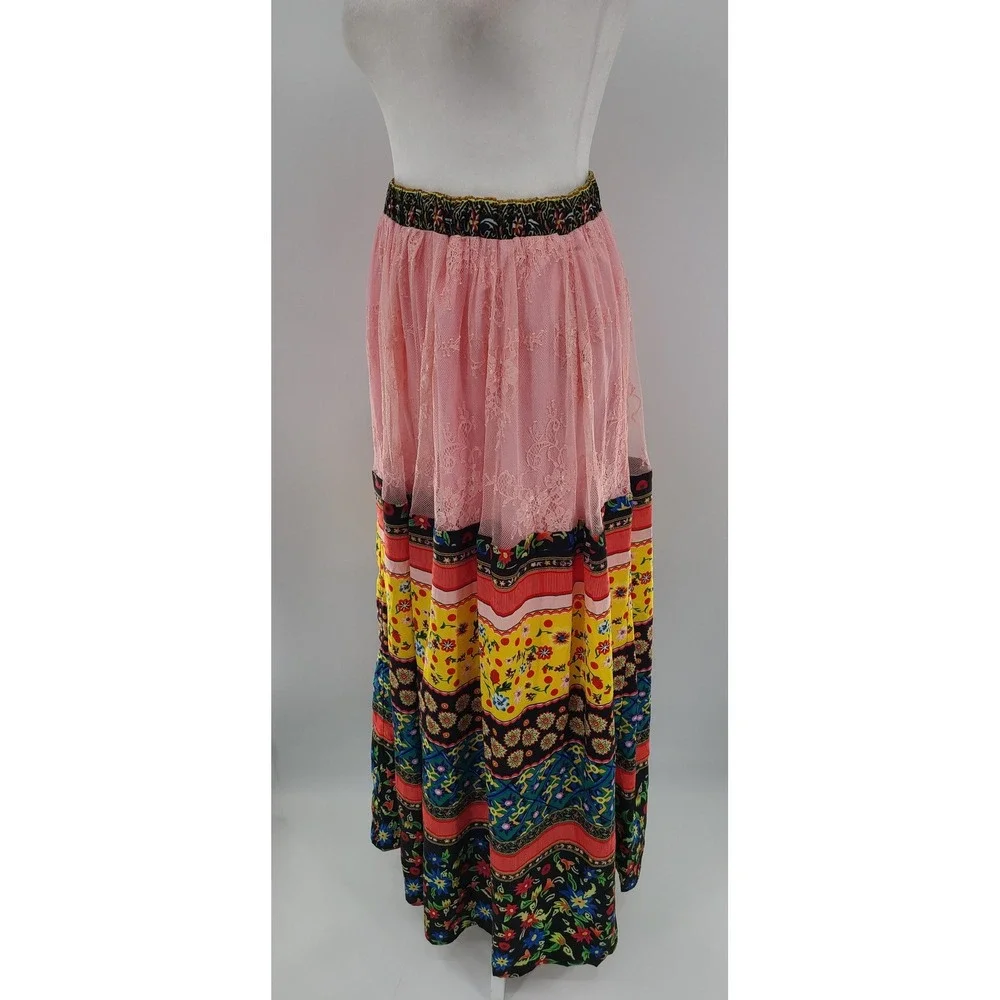 Patchwork Boho Festival‎ Tiered Maxi Women Skirt Size S Layered Floral Lace